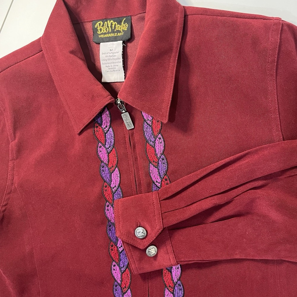 Vtg Bob Mackie Wearable Art Maroon Suede‎ Embroidered Jacket Artsy Boho Lined